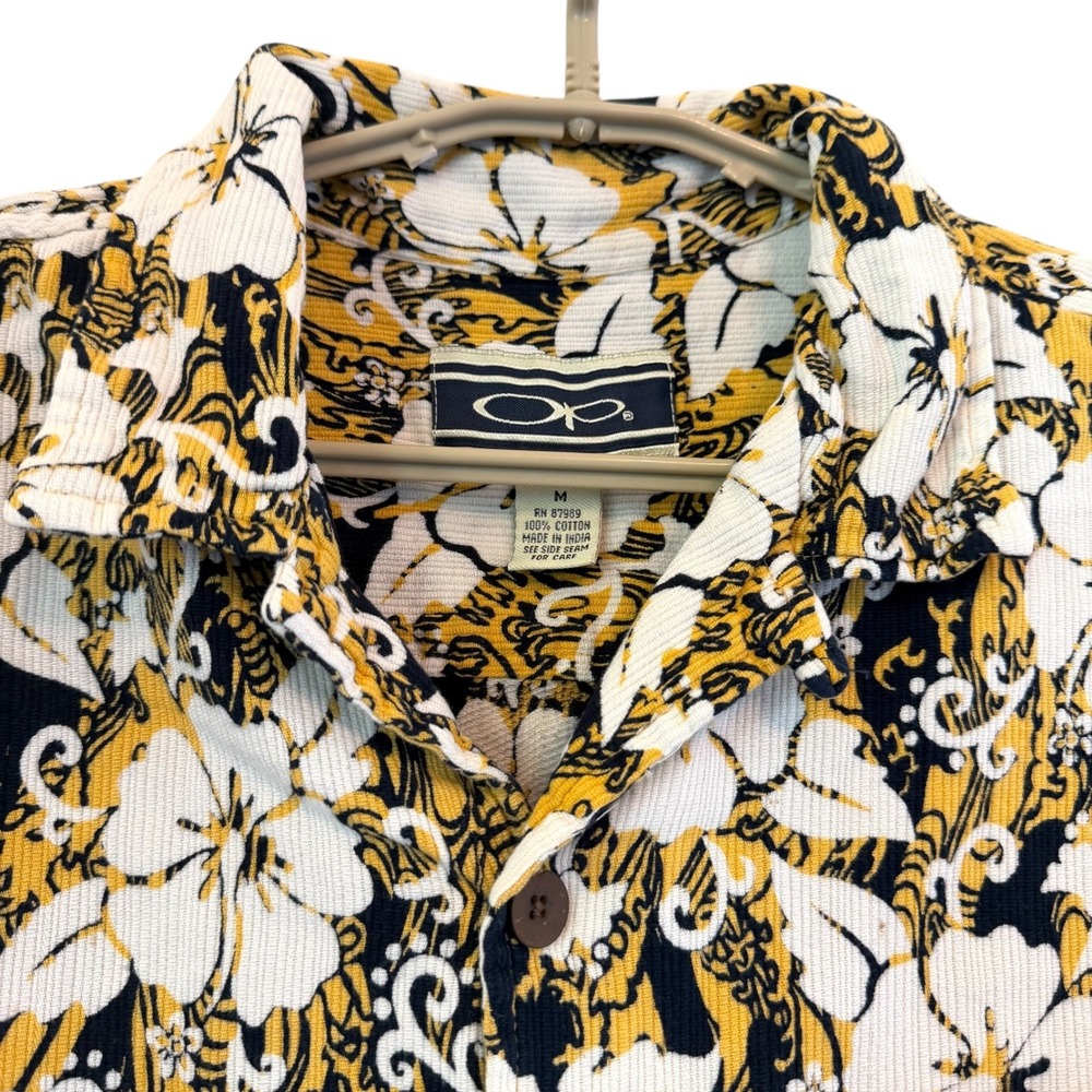 Ocean Pacific OP Med Floral Textured Cotton Button Shirt Yellow VTG Loop Collar - Picture 2 of 11